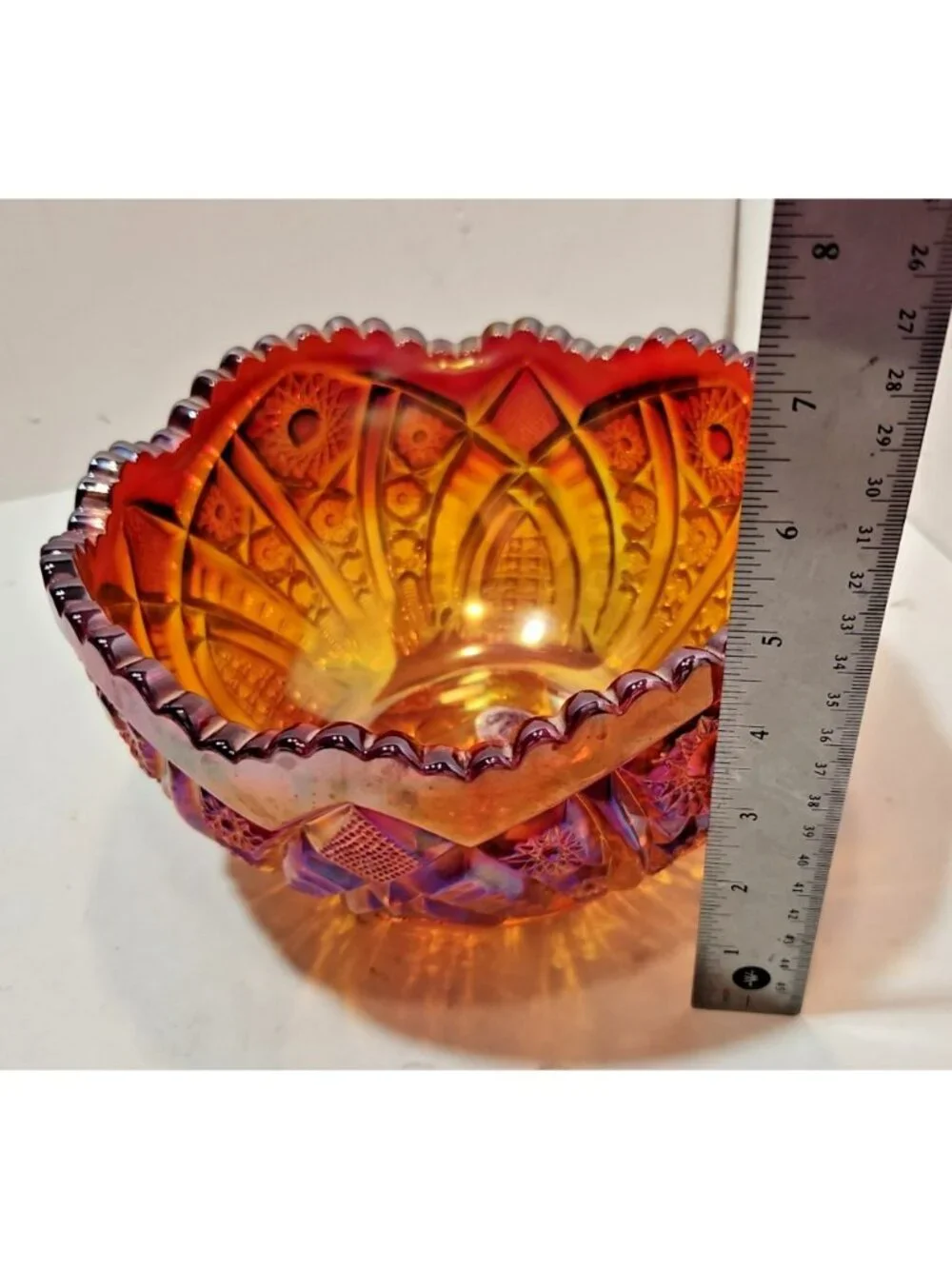 Vintage Indiana Glass Sunset Orange Amberina Heirloom Carnival Glass Bowl 8.5”